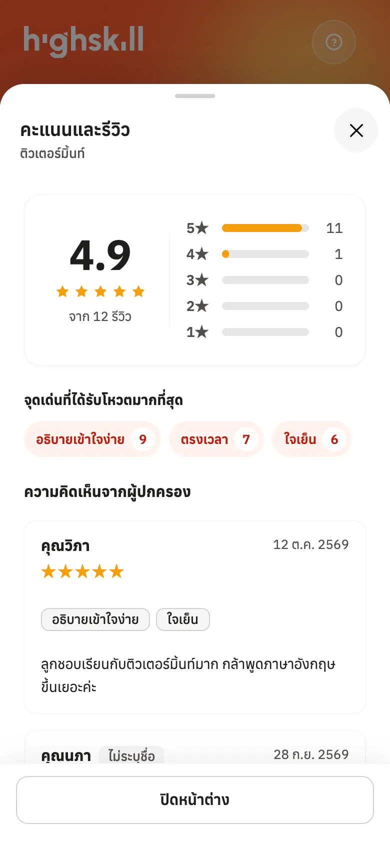 คะแนนเฉลี่ย จุดเด่นที่ได้รับโหวต และความคิดเห็นจากผู้ปกครอง